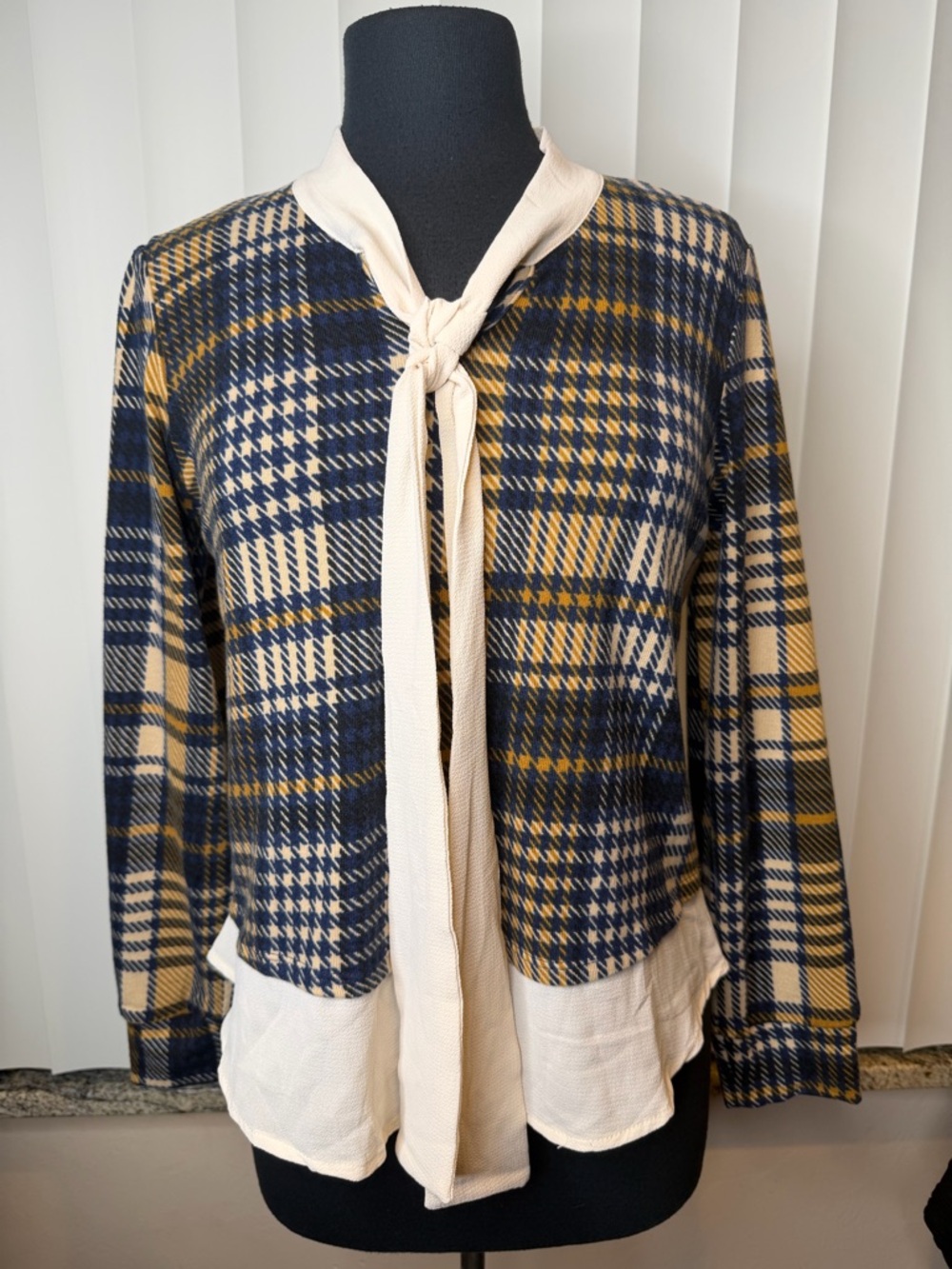 Faith & Joy Womens Navy and Mustard Plaid Tie-Neck Sweater Career Size Small